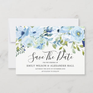 Sky Blue Waterverf Flowers Modern Wedding Save The Date