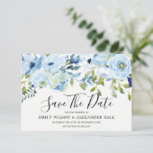 Sky Blue Waterverf Flowers Modern Wedding Save The Date (Staand voorkant)