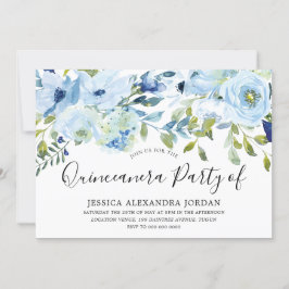 Sky Blue Waterverf Flowers Quinceanera Party Kaart
