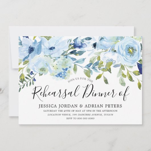 Sky Blue Waterverf Flowers Rehearsal Dinner Kaart (Voorkant)
