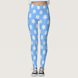 Sky Blue White Daisy Flower Pattern Girly Leggings