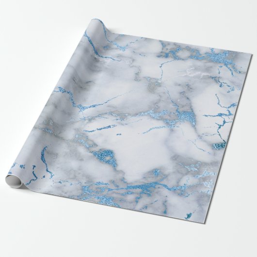 Sky Blue White Grey Marble Shiny Brushes Cadeaupapier (Uitgerold)