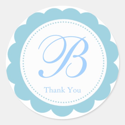 Sky Blue White Scalloped Circle Monogram Bedankt Ronde Sticker (Voorkant)