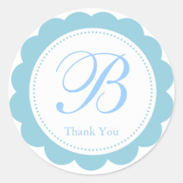 Sky Blue White Scalloped Circle Monogram Bedankt Ronde Sticker