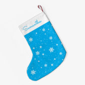 Sky Blue White Snowflakes Stars Pattern met naam Kleine Kerstsok (Achterkant (Hangend))