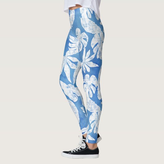 Sky Blue White Tropical Leaf Beach Ocean Leggings (Links)