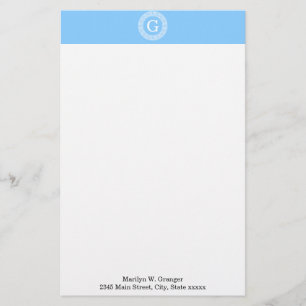 Sky Blue Wht Grieks Sleutel Rnd Lijst Initiaal Mon Briefpapier