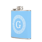 Sky Blue Wht Grieks Sleutel Rnd Lijst Initiaal Mon Heupfles (Links)