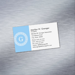 Sky Blue Wht Grieks Sleutel Rnd Lijst Initiaal Mon Magnetisch Visitekaartje
