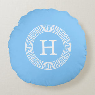 Sky Blue Wht Grieks Sleutel Rnd Lijst Initiaal Mon Rond Kussen