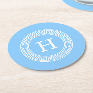Sky Blue Wht Grieks Sleutel Rnd Lijst Initiaal Mon Ronde Kartonnen Onderzetter