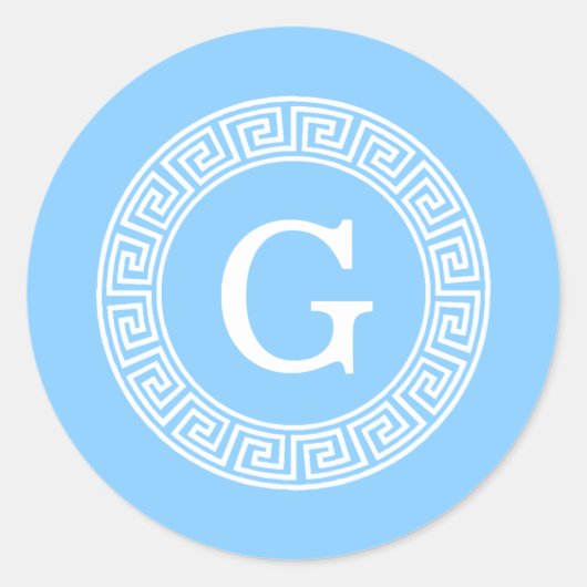 Sky Blue Wht Grieks Sleutel Rnd Lijst Initiaal Mon Ronde Sticker (Voorkant)