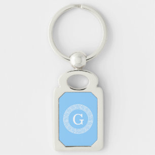 Sky Blue Wht Grieks Sleutel Rnd Lijst Initiaal Mon Sleutelhanger