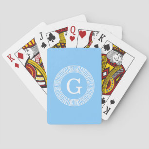 Sky Blue Wht Grieks Sleutel Rnd Lijst Initiaal Mon Speelkaarten