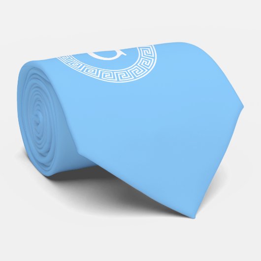 Sky Blue Wht Grieks Sleutel Rnd Lijst Initiaal Mon Stropdas (Opgerold)