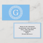 Sky Blue Wht Grieks Sleutel Rnd Lijst Initiaal Mon Visitekaartje (Voorkant / Achterkant)