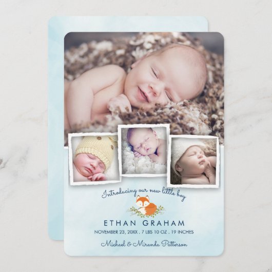 Sky Blue Woodland Fox Baby Boy Geboorteaankondigin Aankondiging (Voorkant / Achterkant)