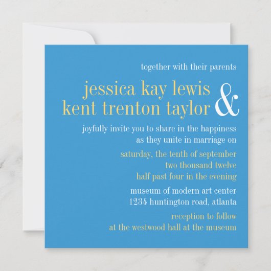 Sky blue yellow typografie modern koppel bruiloft kaart (Voorkant)