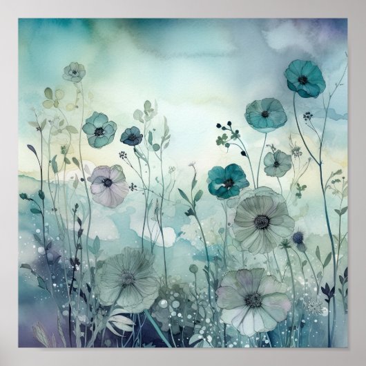 Sky Blues Wild Field Bloemen Kunst Poster (Voorkant)
