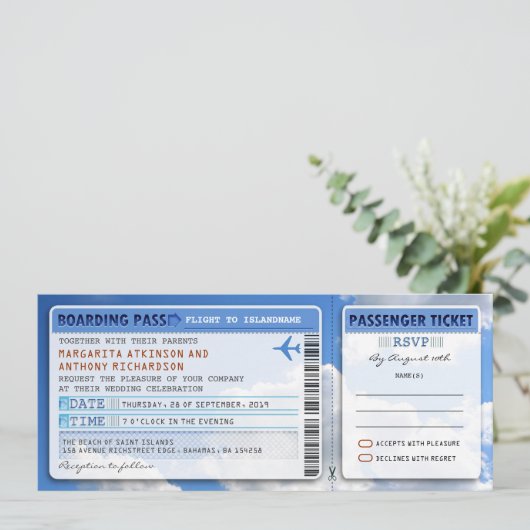 Sky Boarding Pass Weddingticket-uitnodiging met RS Kaart (Staand voorkant)