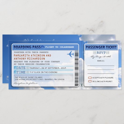 Sky Boarding Pass Weddingticket-uitnodiging met RS Kaart (Voorkant / Achterkant)