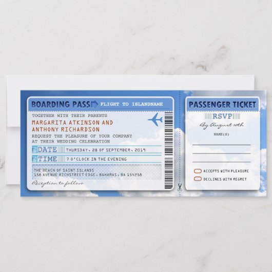 Sky Boarding Pass Weddingticket-uitnodiging met RS Kaart (Voorkant)
