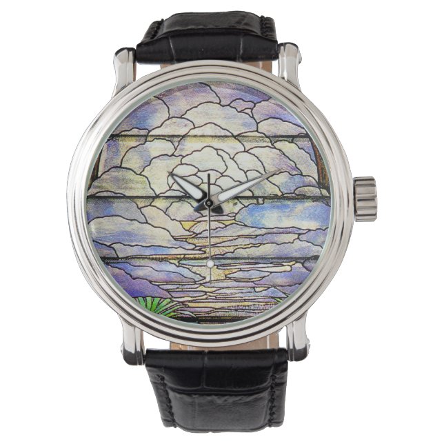 Sky Clouds Tiffany Glas in lood Bloemenhorloge Horloge (Voorkant)