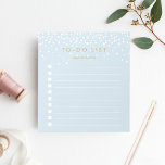 Sky | Confetti Stippen op maat van de lijst Notitieblok<br><div class="desc">Het grafische gepersonaliseerde notitieblok kenmerkt "om lijst"bij de bovenkant met jouw naam onder,  in donker antiek goudletters op een etherale pastelhemdblauwe achtergrond te doen gestippeld met witte confetti stippen die van de bovenkant regenen. Houd alle belangrijke items bij de hand met dit aantekeningenpaneel met 10 selectievakjes.</div>