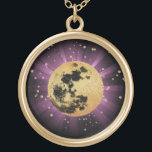 *~* Sky Cosmos Universe Stars Moon Lunar Goud Vergulden Ketting<br><div class="desc">* Energy Enhanced Lunar Cosmos Celestial Luna Space design GOLD Plated Round Ketting. Dit is een ontwerp van een smerig faux Gold Foil en Black Moon met een zachte Pastel PINK-uitbarsting van reflectief hellingslicht op een paarse violette achtergrondhemel. Er is een abstracte weergave van de ruimte door de gouden Glitter...</div>