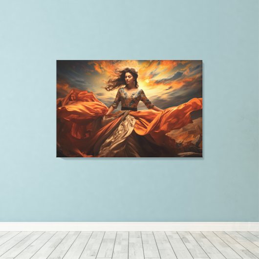 Sky Dancer Portret van een vrouw Zijde Jurk Canvas Afdruk (Insitu (Houten vloer))