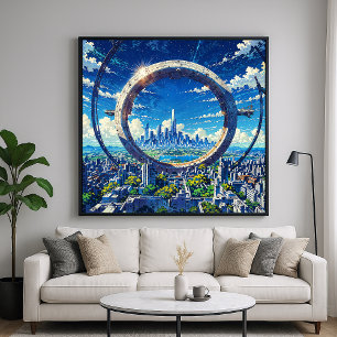 Sky Gate - Illustratie van futuristische stad stij Poster