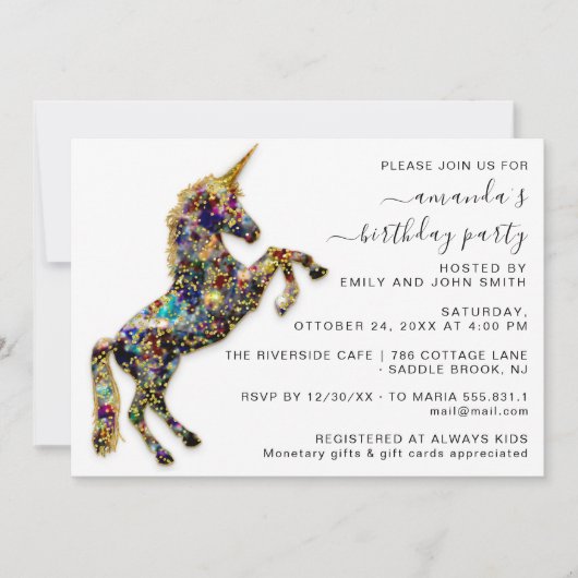 Sky Gold Glitter Unicorn Horse White Birthday Kaart (Voorkant)