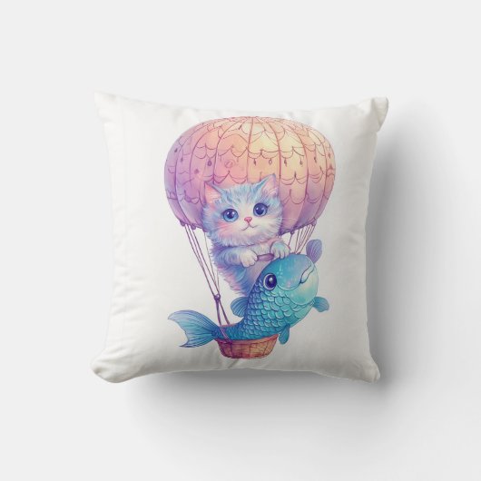 Sky High Kitty � Lieve Whimsicale Kat Avontuur Kussen (Voorkant)