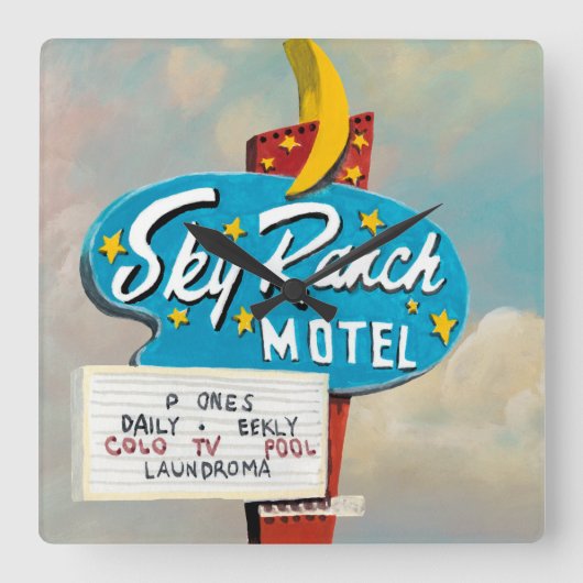 Sky Ranch Motel Sign Vierkante Klok (Voorkant)