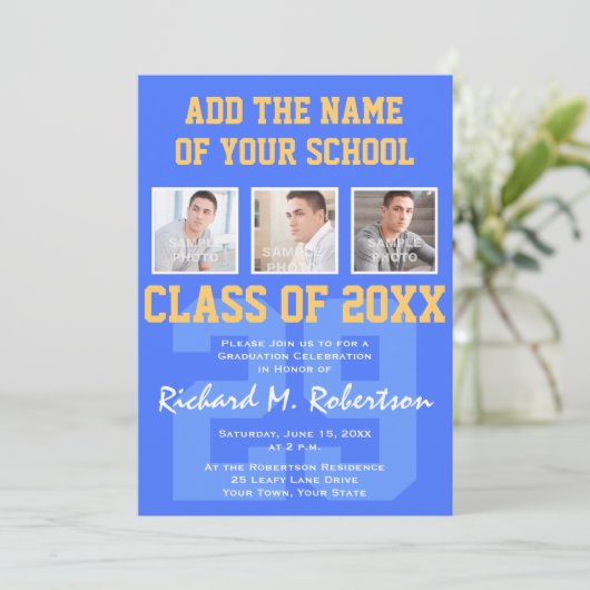 Sky Royal Blue en Gold Athlete's Afstuderen Kaart (Staand voorkant)