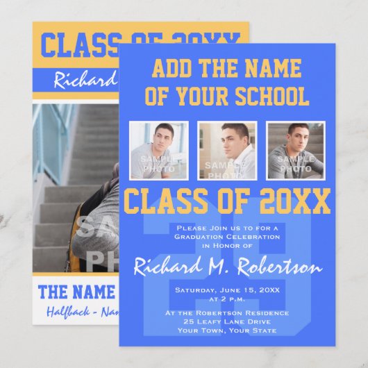 Sky Royal Blue en Gold Athlete's Afstuderen Kaart (Voorkant / Achterkant)