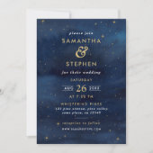 Sky Wedding Blue & Gold Waterverf Sterrennacht Kaart (Voorkant)