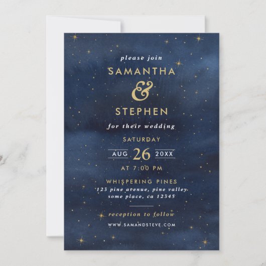 Sky Wedding Blue & Gold Waterverf Sterrennacht Kaart (Voorkant)