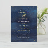 Sky Wedding Blue & Gold Waterverf Sterrennacht Kaart (Staand voorkant)