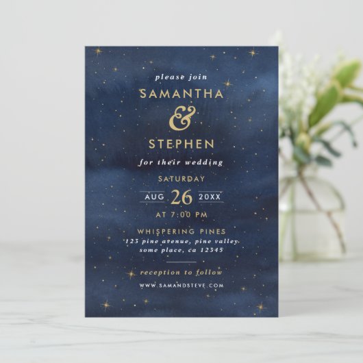 Sky Wedding Blue & Gold Waterverf Sterrennacht Kaart (Staand voorkant)