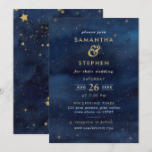 Sky Wedding Blue & Gold Waterverf Sterrennacht Kaart (Voorkant / Achterkant)