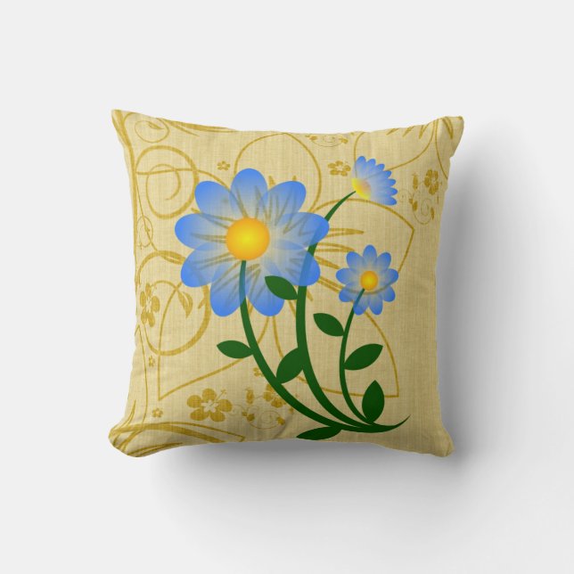 SkyBlue Flower op Gold Floral Print Kussen (Voorkant)