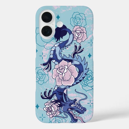 Skybound Serpent - Blauwe Draak Bloemen Case-Mate iPhone Case (Achterkant)