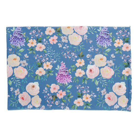 Skydiver Blue Waterverf Floral Kussensloop (Voorkant)