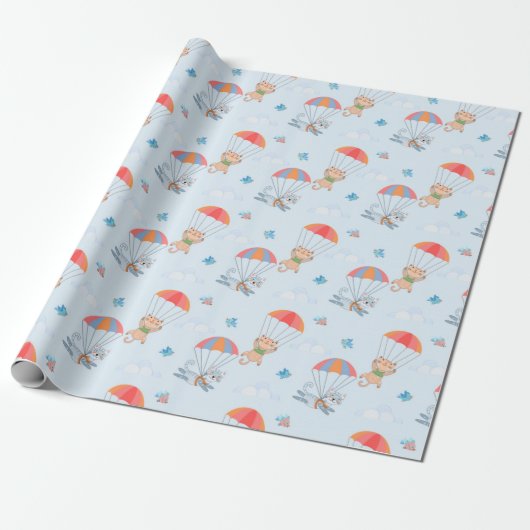 Skydiver Cat Seamless Pattern Cadeaupapier (Uitgerold)
