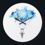 Skydiver, Parachute. Skydiving Sport. Parachuting Grote Klok<br><div class="desc">Skydiver,  Parachute. Parachuting Skydiving. Watercolor Art Illustration. Clock. This skydiving livingroom accessoire with the watercolor parachutist makes a cute gift for a sky diving woman or man or someone who just loves this awesome "heavenly" sport. Parachutist hanging is een kleurstof watercolor splash cloud.</div>