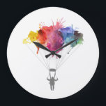 Skydiver, Parachute. Skydiving Sport. Parachuting Grote Klok<br><div class="desc">Skydiver,  Parachute. Parachuting Sport. Skydiving. 
Illustratie waterverf kunst.

Klok.

Deze skydiving leve room accessoire met de waterverf parachutist maakt een schattig geschenk voor slopende vrouwen of man of iemand die alleen maar van deze geweldige "hemelvaardige" sport houdt of in de pop cultuurkunst.

Parachutist die aan een kleurrijke waterverf rondhangt.</div>