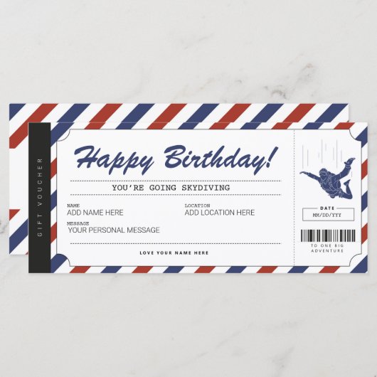 Skydiving Birthday Gift Ticket Voucher Certificate (Voorkant / Achterkant)