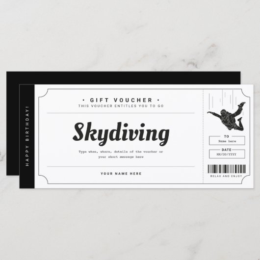 Skydiving Gift Ticket Voucher Certificate (Voorkant / Achterkant)