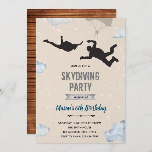 Skydiving party themauitnodiging kaart (Voorkant / Achterkant)